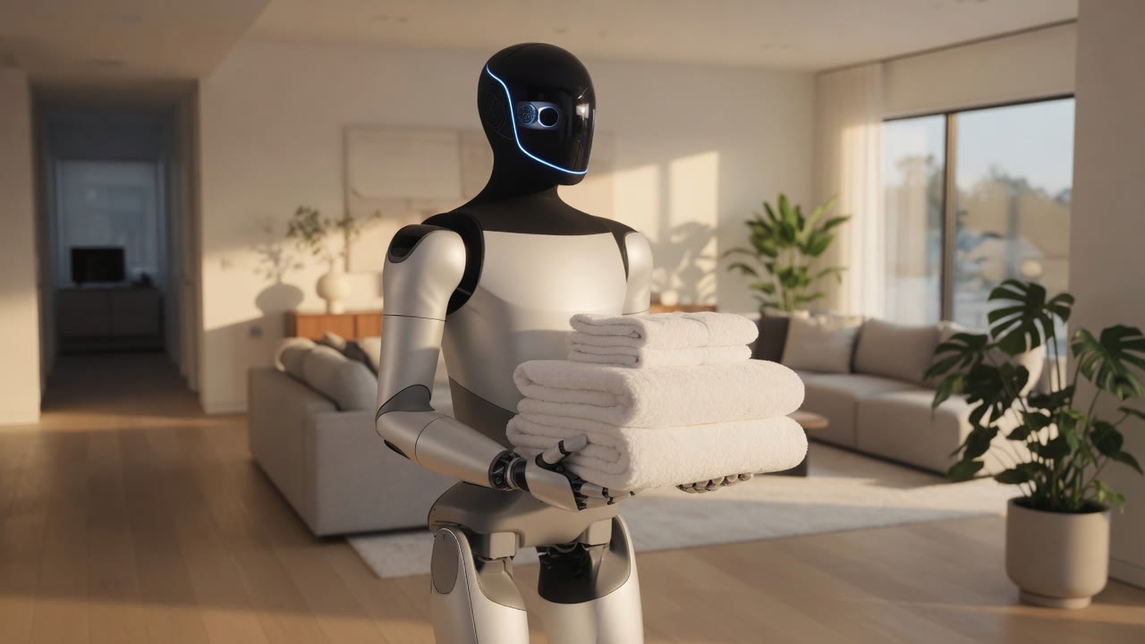Humanoid robot butler, three-quarter portrait