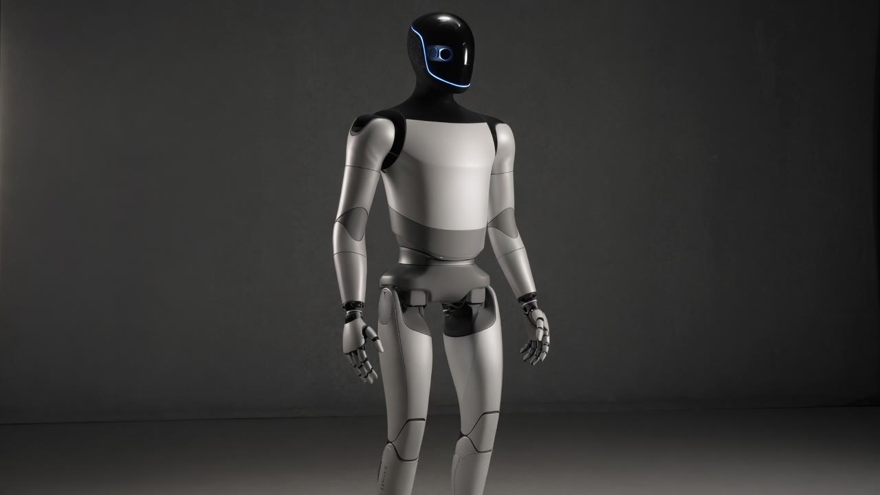 Humanoid robot butler in a dark studio