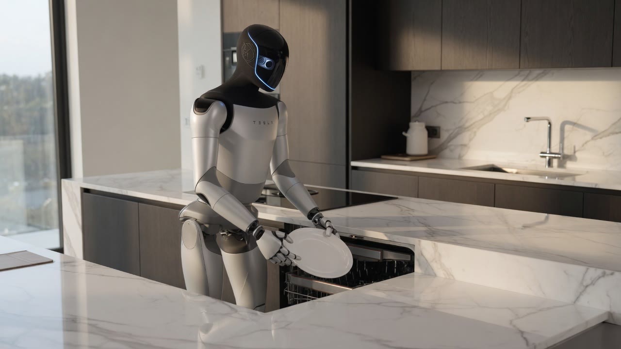Humanoid robot butler by a villa pool