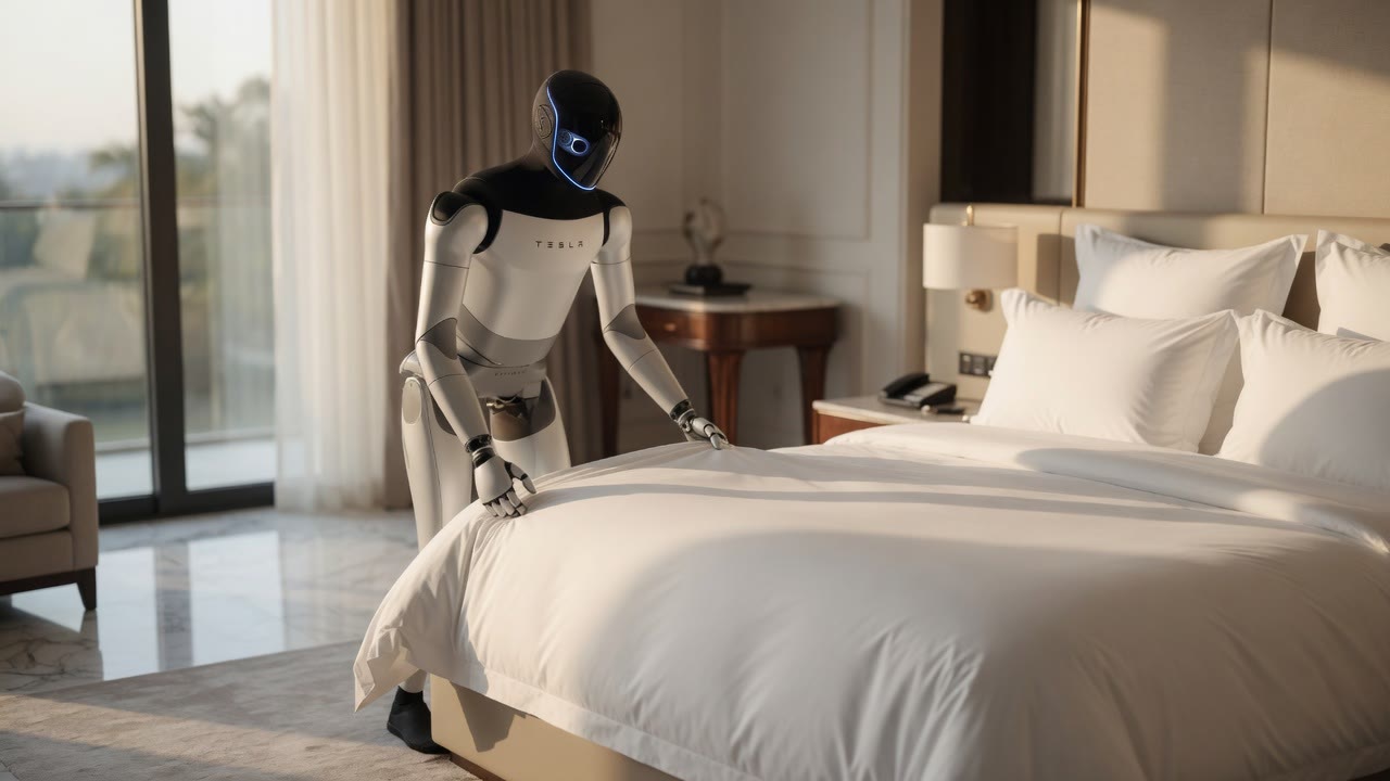 Humanoid robot butler in a luxury villa living room