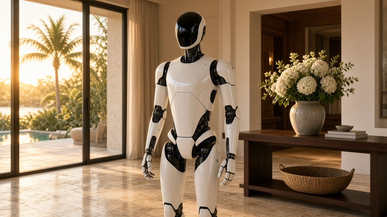 Humanoid robot in white and black standing calmly in soft studio light, representative Optimus Gen 2.5 prior-generation reference